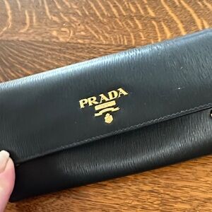 Prada Black Leather Clutch with Gold Logo